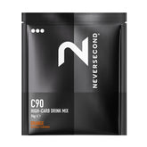 NeverSecond empaque frontal naranja que muestra 8 sobres y beneficios de energía