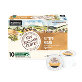 New England Coffee caja frontal Butter Pecan mostrando diseño y conveniencia
