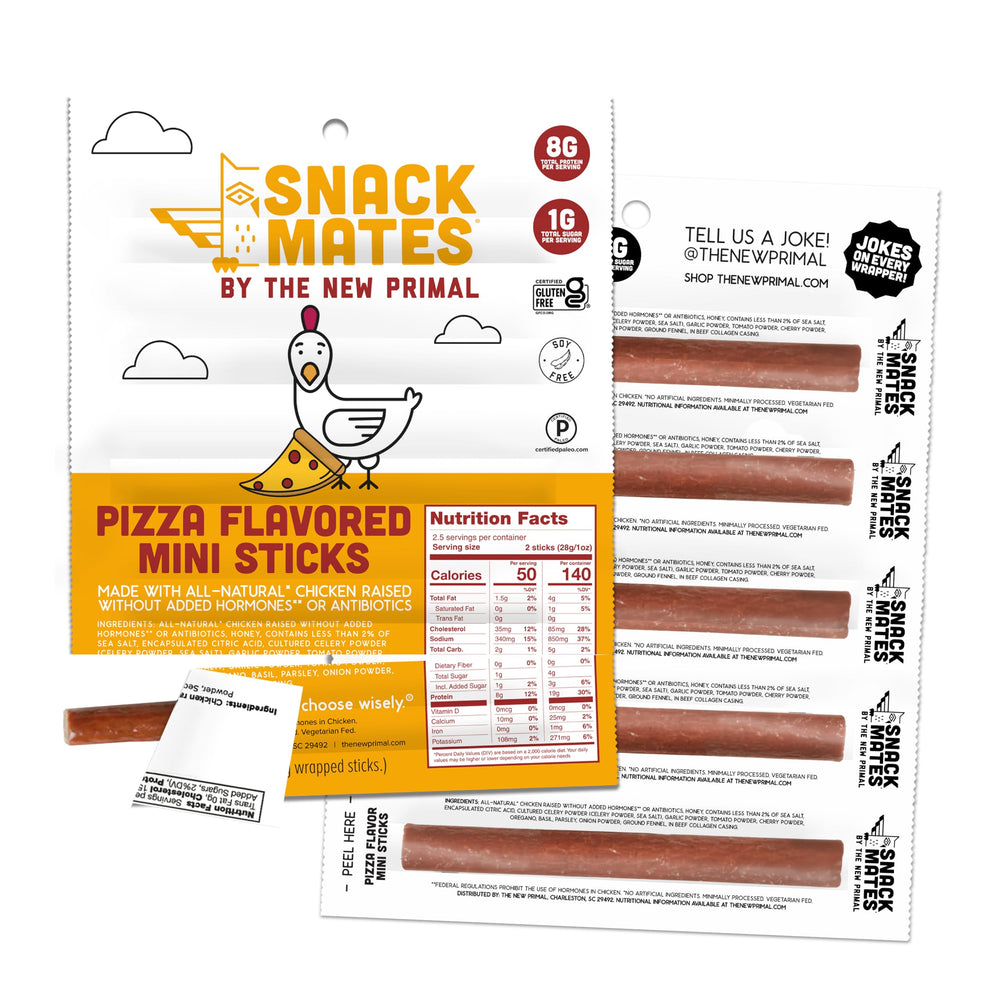 New Primal empaque frontal mostrando palitos pizza y conveniencia