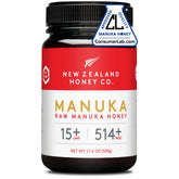 NEW ZEALAND HONEY CO tarro frontal mostrando etiqueta UMF 15+ y beneficio de autenticidad