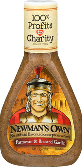 Newman's Own botella frontal mostrando aderezo parmesano ajo, práctico y sabroso