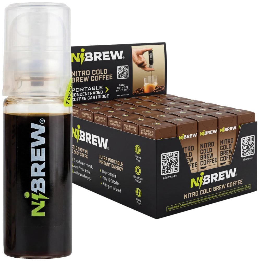 NiBREW packaging frontal mostrando 30 cartuchos y portabilidad