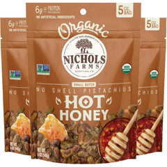 Nichols Farms paquete frontal que muestra pistachos Hot Honey y conveniencia