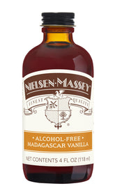 Nielsen-Massey botella frontal mostrando etiqueta clara y uso sin alcohol