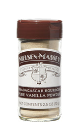 Nielsen-Massey frasco de polvo de vainilla mostrando etiqueta y jarra útil