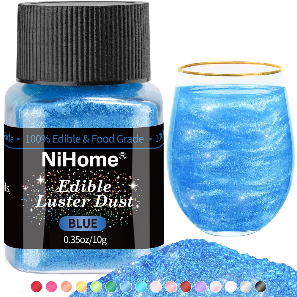 NiHome envase frontal del polvo brillo azul mostrando presentación profesional y uso fácil