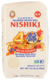 Nishiki frente del empaque mostrando bolsa de 10 lb y ventaja de almacenamiento