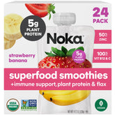 NOKA frontal del paquete de 24 pouches fresa plátano mostrando diseño y tamaño
