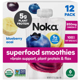 NOKA pack frontal con 12 pouches Blueberry Acai, snack orgánico y listo para llevar