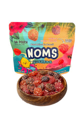 Noms bolsa Da Pouch al frente mostrando diseño tropical y resellado para frescura