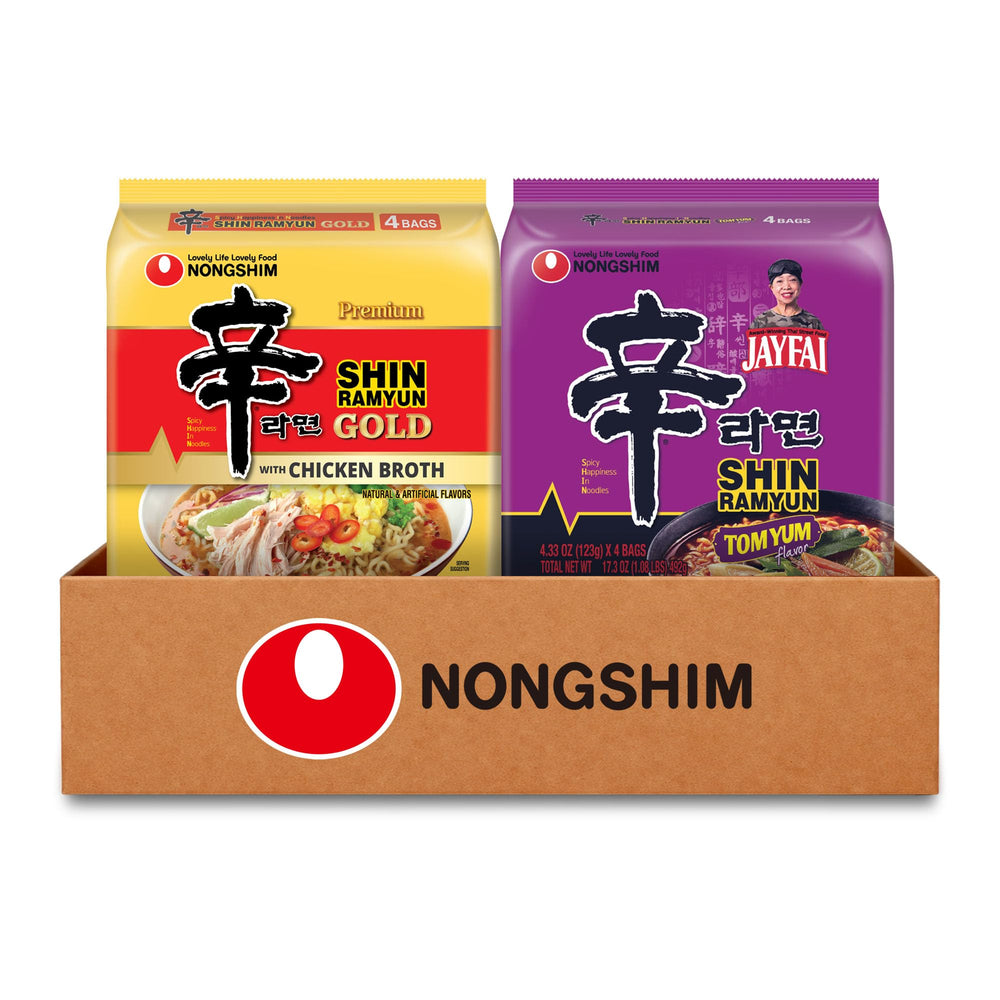 Nongshim empaque frontal mostrando Shin Gold y Shin Tom Yum, ideal para surtir despensa