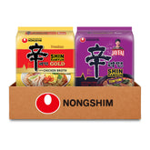 Nongshim empaque frontal mostrando Shin Gold y Shin Tom Yum, ideal para surtir despensa