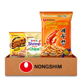 Nongshim vista frontal del paquete con tres sabores, facilita elección