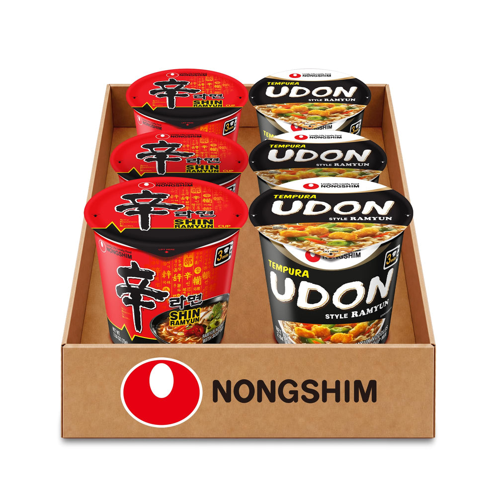 Nongshim pack frontal mostrando las seis tazas para elegir rápido