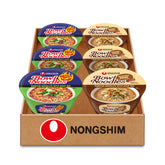 Nongshim tazón frontal del paquete mostrando dos sabores y conveniencia