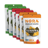NORA empaque frontal mostrando las seis bolsas y variedad de sabores, práctico y atractivo