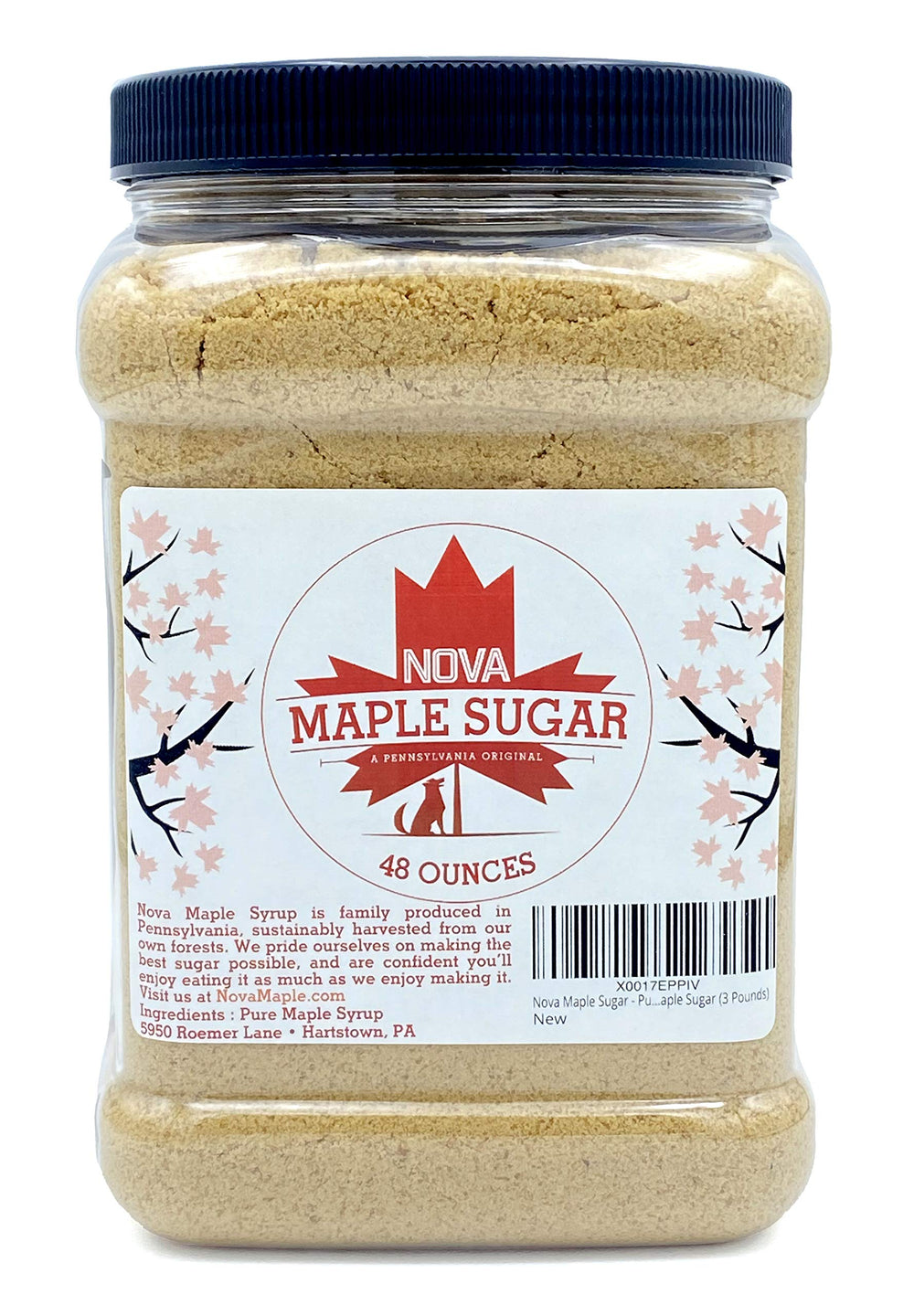 Nova Maple Sugar frente del envase mostrando presentación de 3 libras y pureza