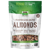 NOW almendras paquete frontal mostrando marca y sellos Non-GMO, conveniencia y confianza