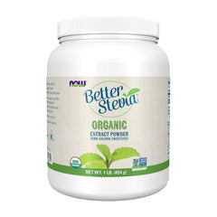 NOW BetterStevia envase frontal mostrando tamaño y certificaciones, fácil ahorro