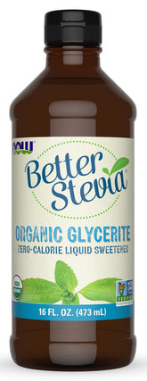 NOW BetterStevia frontal mostrando botella y etiqueta clara para dosificación fácil