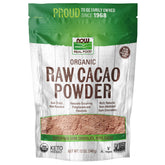 NOW empaque frontal del cacao crudo orgánico mostrando marca y etiqueta