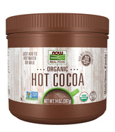 NOW envase frontal del Cocoa Lovers mostrando etiqueta orgánica y beneficio de conveniencia
