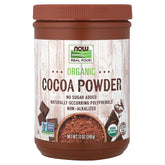 NOW Foods paquete frontal de cacao orgánico muestra confianza y calidad
