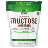 NOW Foods frasco frontal de fructosa 3 lb mostrando etiqueta y beneficio de pureza