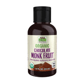 NOW botella frontal del Monk Fruit líquido chocolate mostrando etiqueta orgánica y beneficios