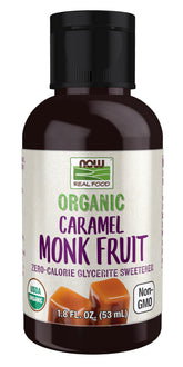 NOW Liquid Monk Fruit frente del envase mostrando tamaño y sabor caramelo