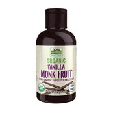 NOW botella frontal de Monk Fruit líquida mostrando tamaño compacto y sello orgánico