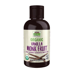 NOW botella frontal de Monk Fruit líquida mostrando tamaño compacto y sello orgánico
