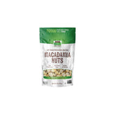 NOW macadamias frente del empaque mostrando sello sin gluten y tamaño práctico
