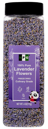 NPG caja frontal de lavanda liofilizada con etiqueta clara y cantidad de 4 oz