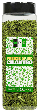 NPG paquete frontal de cilantro liofilizado mostrando diseño y tamaño, facilita almacenamiento