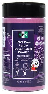 NPG envase frontal de polvo de camote morado mostrando etiqueta clara y tamaño 8 oz