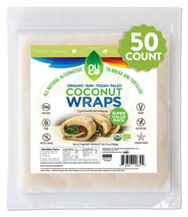 NUCO empaque frontal de 50 wraps orgánicos mostrando ahorro y cantidad