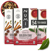 Numi golden chai empaque frontal muestra variedad y sostenibilidad