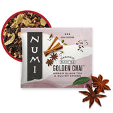 Numi Golden Chai frente caja mostrando diseño, garantía de sabor