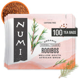 Numi frente del empaque mostrando certificaciones orgánicas y compostables