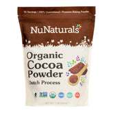NuNaturals envase frontal mostrando cacao orgánico y beneficio de sabor suave