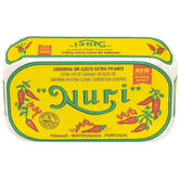 NURI lata frontal del pack de 4 sardinas muestra el envase práctico y sabor listo