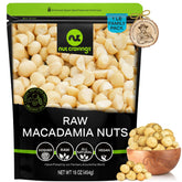 Nut Cravings envase frontal mostrando macadamias crudas y fresco aspecto