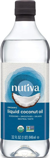Nutiva frasco frontal del aceite de coco líquido mostrando etiqueta orgánica y uso versátil
