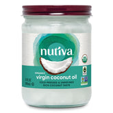 Nutiva frasco frontal mostrando aceite de coco en vidrio y etiqueta clara