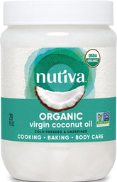 Nutiva vista frontal del envase con sello orgánico y tamaño práctico