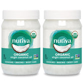 Nutiva frontal del pack mostrando dos frascos, calidad orgánica