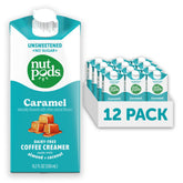 nutpods caramelo vista frontal del pack de 12 con envases, conveniencia y shelf-stable
