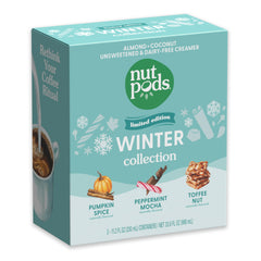 nutpods frente del empaque winter collection mostrando los tres sabores y conveniencia