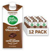 nutpods frente del pack de 12 mostrando el envase y sabor chocolate, conveniencia para despensa